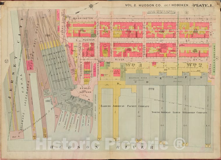 Historic Map - 1908 Hudson County, New York (N.Y.), Washington St, 4Th St, Hudson River, Jersey City - Vintage Wall Art