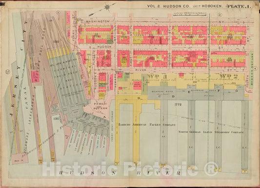 Historic Map - 1908 Hudson County, New York (N.Y.), Washington St, 4Th St, Hudson River, Jersey City - Vintage Wall Art