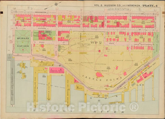 Historic Map - 1908 Hudson County, New York (N.Y.), Washington St, 10Th St, Hudson River, 4Th St. - Vintage Wall Art