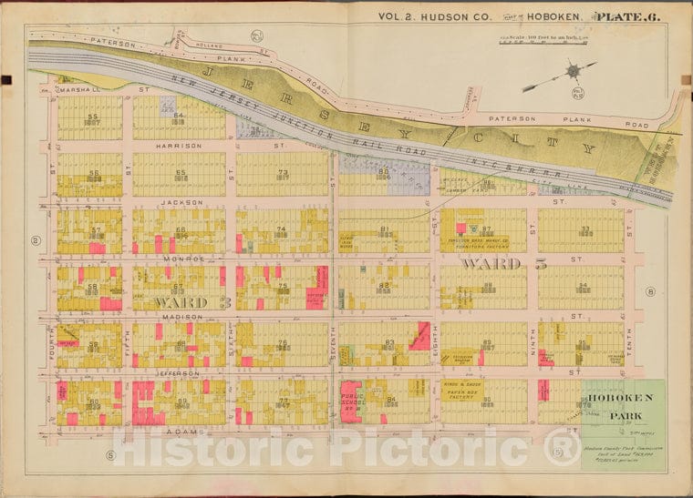 Historic Map - 1908 Hudson County, New York (N.Y.), Paterson Plank Rd, 10Th St, Adams St, 4Th St. - Vintage Wall Art