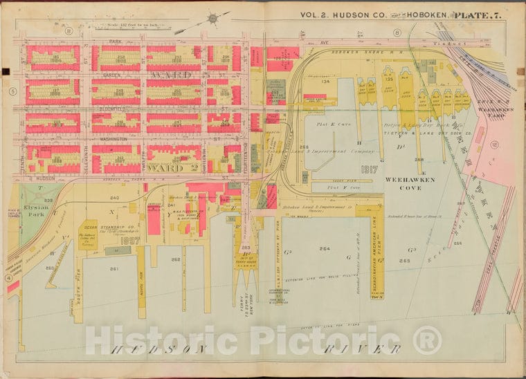 Historic Map - 1908 Jersey City (N.J.), Hudson County, V. 2, Double Page Plate No. 7 [Park Ave, Hudson River, 10Th St.] - Vintage Wall Art