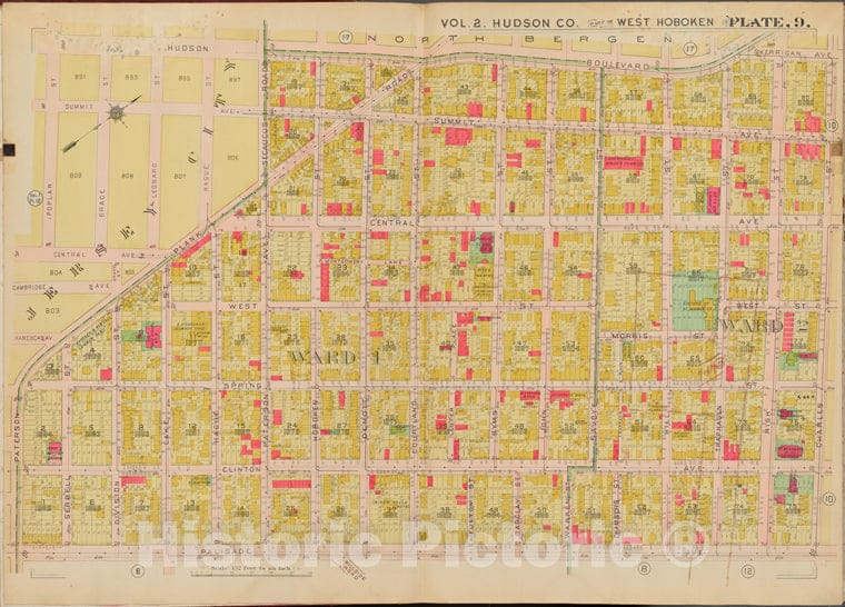 Historic Map - 1908 Hudson County, New York (N.Y.), Hudson Blvd, Charles St, Palisade Ave, Poplar St. - Vintage Wall Art