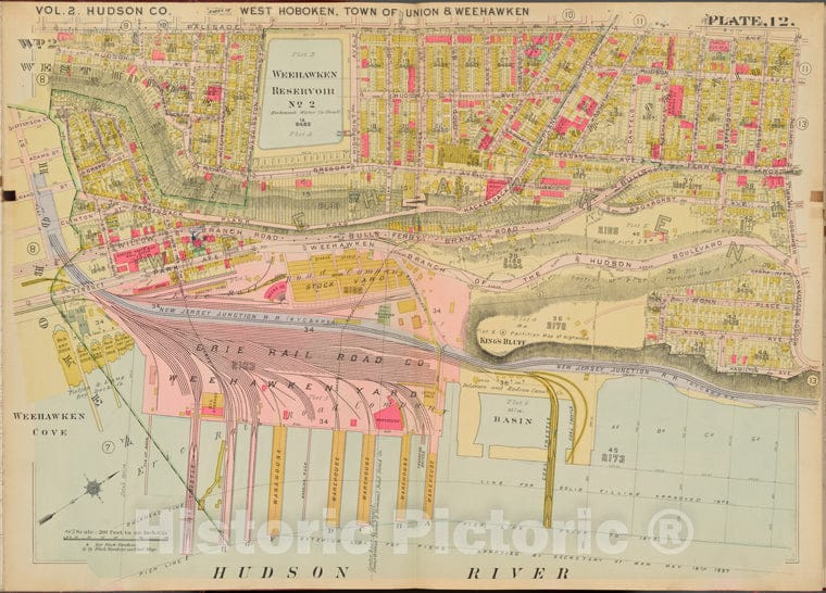 Historic Map - 1908 Hudson County, New York (N.Y.), Palisade Ave, Union St, Hudson River, 17Th St. - Vintage Wall Art