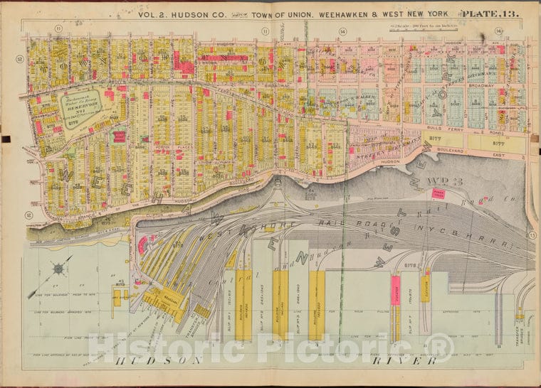 Historic Map - 1908 Hudson County, New York (N.Y.), Hudson Ave, 16Th St, Hudson River, Union St. - Vintage Wall Art