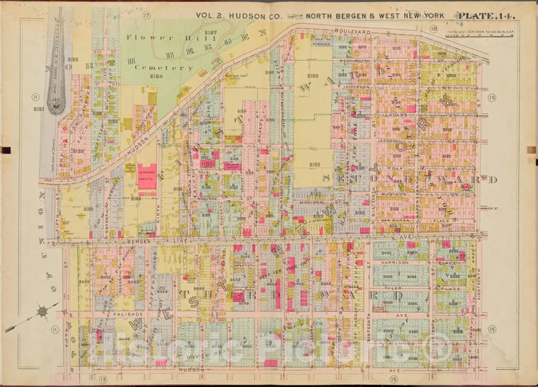 Historic Map - 1908 Hudson County, New York (N.Y.), Hudson Blvd, 18Th St, Hudson Ave, 5Th St. - Vintage Wall Art