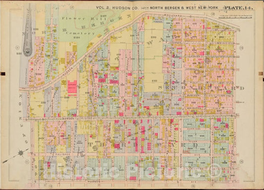 Historic Map - 1908 Hudson County, New York (N.Y.), Hudson Blvd, 18Th St, Hudson Ave, 5Th St. - Vintage Wall Art