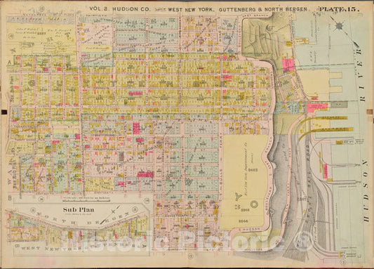 Historic Map - 1908 Hudson County, New York (N.Y.), 13Th St, Hudson River, 16Th St, 8Th St. - Vintage Wall Art