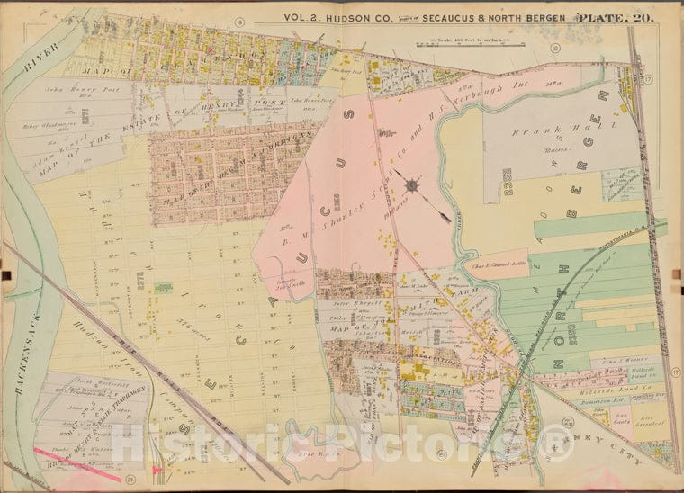 Historic Map - 1908 Jersey City (N.J.), Hudson County, V. 2, Double Page Plate No. 20 [Paterson Rd, Hackensack River] - Vintage Wall Art