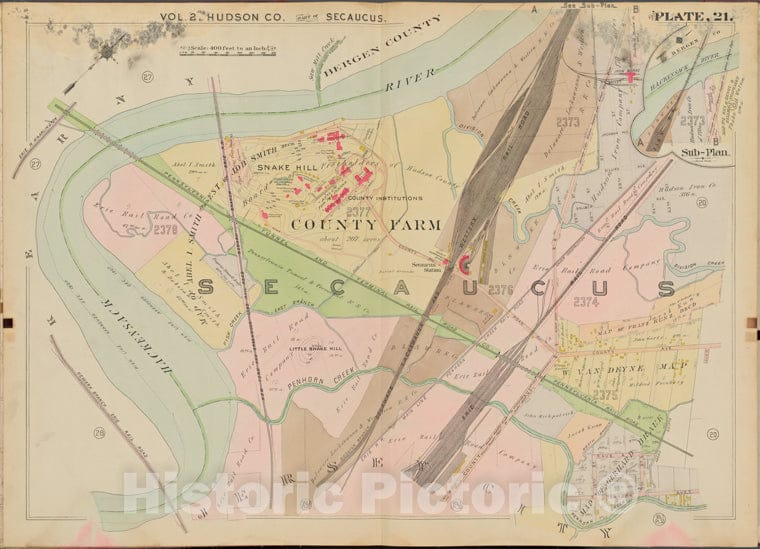Historic Map - 1908 Hudson County, New York (N.Y.), Hackensack River, Louis St, Penhorn Ave. - Vintage Wall Art