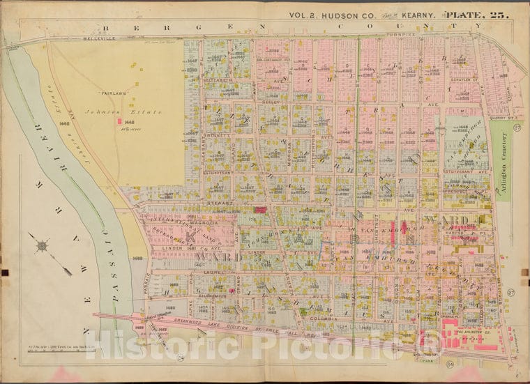 Historic Map - 1908 Hudson County, New York (N.Y.), Belleville Turnpike, Cedar St, N.Midland Ave, Passaic River - Vintage Wall Art