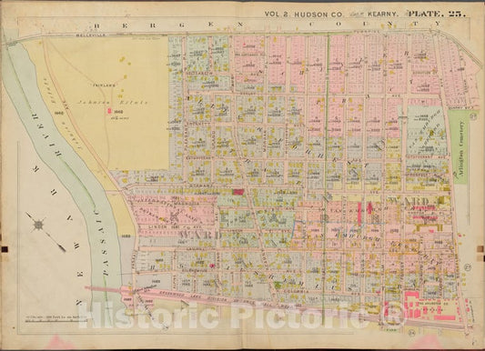 Historic Map - 1908 Hudson County, New York (N.Y.), Belleville Turnpike, Cedar St, N.Midland Ave, Passaic River - Vintage Wall Art