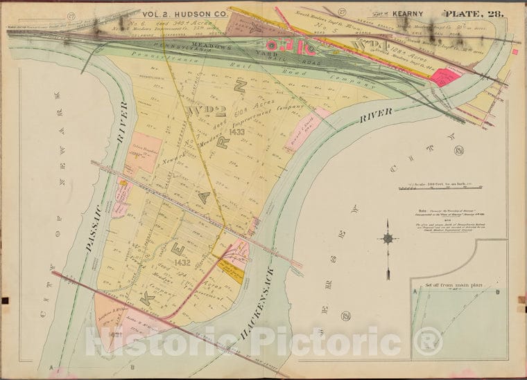 Historic Map - 1908 Jersey City (N.J.), Hudson County, V. 2, Double Page Plate No. 28 [Hackensack River, Passaic River] - Vintage Wall Art