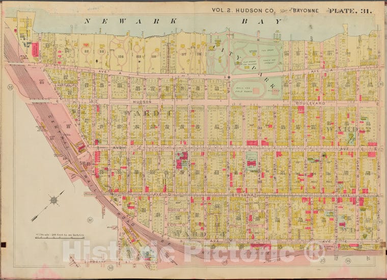 Historic Map - 1908 Hudson County, New York (N.Y.), Newark Bay, E. 24Th St, W. 24Th St, Hobart St, North St. - Vintage Wall Art