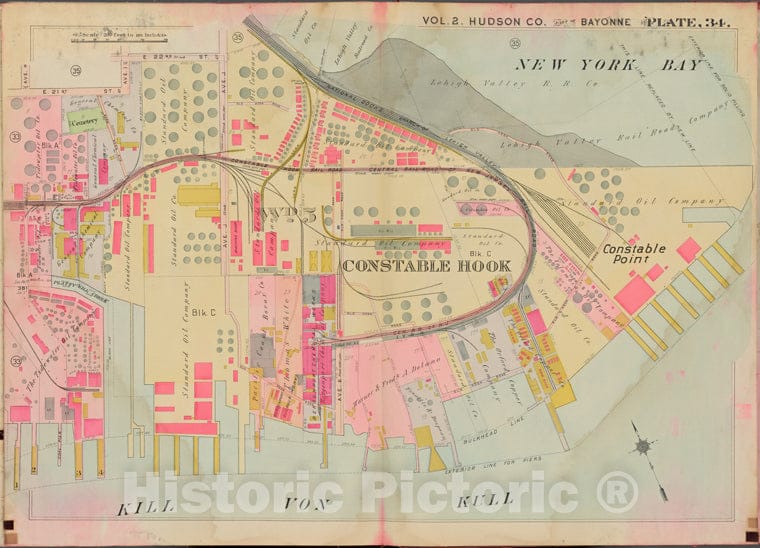 Historic Map - 1908 Hudson County, New York (N.Y.), E. 22Nd St, New York Bay, Kill Von Kull, Avenue H - Vintage Wall Art