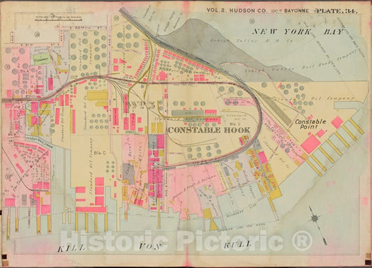 Historic Map - 1908 Hudson County, New York (N.Y.), E. 22Nd St, New York Bay, Kill Von Kull, Avenue H - Vintage Wall Art