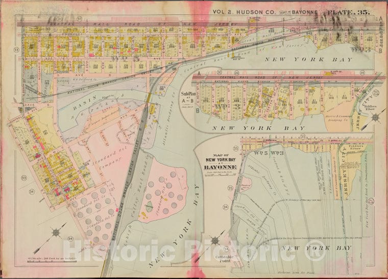 Historic Map - 1908 Jersey City (N.J.), Hudson County, V. 2, Double Page Plate No. 35 [New York Bay, E. 21St St.] - Vintage Wall Art