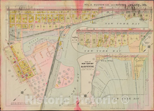 Historic Map - 1908 Jersey City (N.J.), Hudson County, V. 2, Double Page Plate No. 35 [New York Bay, E. 21St St.] - Vintage Wall Art