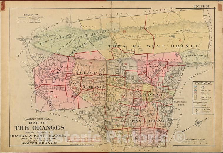 Historic 1911 Map - Index Map - Orange (N.J.) - East Orange (N.J.) - West Orange (N.J.) - South Orange (N.J.Atlas Of The Oranges - Vintage Wall Art