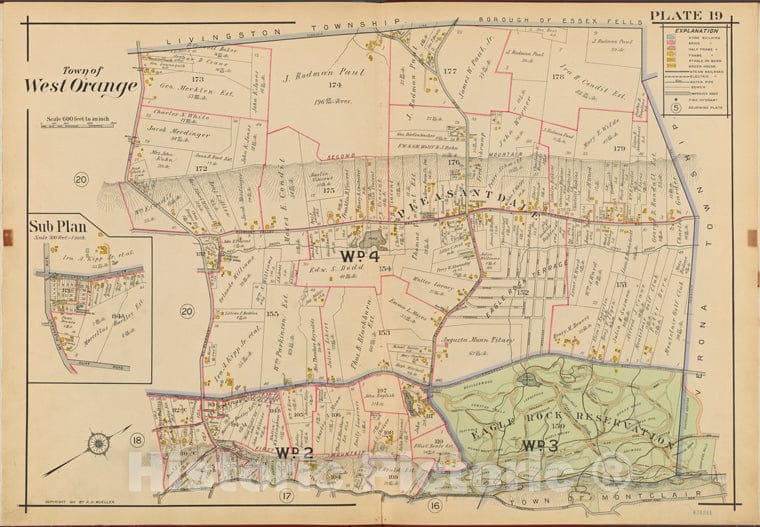 Historic 1911 Map - Orange County, Double Page Plate No. 19 [Town Of West Orange] - Vintage Wall Art