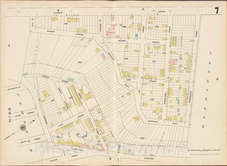 Historic Map - 1887 Hudson County, New Jersey, (N.J.), Hudson County, V. 8, Plate No. 7 [ Palisade Ave, Washington St, Hackensack Turnpike, Hermann St, Hill St. - Vintage Wall Art