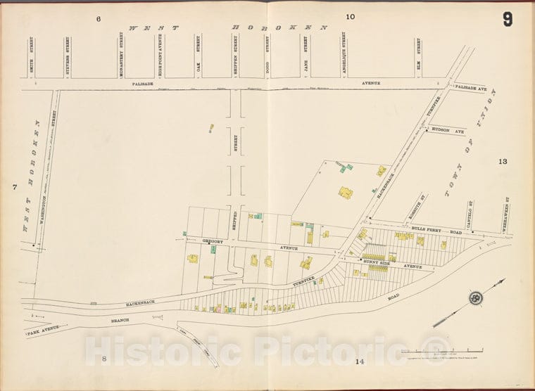 Historic Map - 1887 Hudson County, New Jersey, (N.J.), Hudson County, V. 8, Plate No. 9 [Palisade Ave, Weeha Wken St, Branch Rd, Washington St.] - Vintage Wall Art