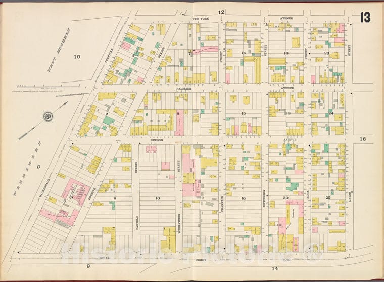 Historic Map - 1887 Hudson County, New Jersey, (N.J.), Hudson County, V. 8, Plate No. 13 [New York Ave, Union St, Bulls Ferry Rd, Hackensack Turnpike] - Vintage Wall Art