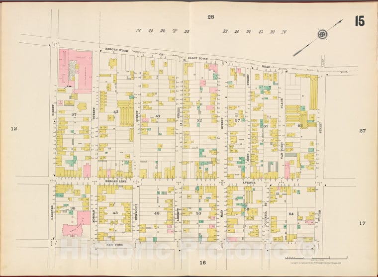 Historic Map - 1887 Hudson County, New Jersey, (N.J.), Hudson County, V. 8, Double Page Plate No. 15 [Bergen Wood, Fulton St, New York Ave, Gardner St.] - Vintage Wall Art