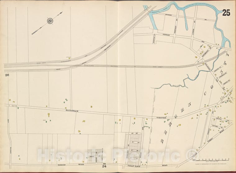 Historic Map - 1887 Hudson County, New Jersey, (N.J.), Hudson County, V. 8, Plate No. 25 Map Meadow St, Railroad Ave, Bulls Ferry Rd, Bergen Wood, Lovetts Lane - Vintage Wall Art