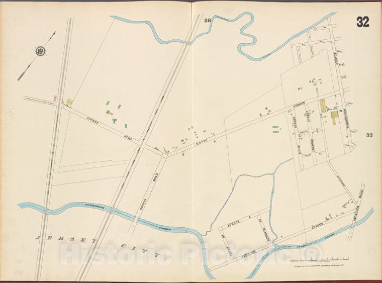 Historic Map - 1887 Hudson County, New Jersey, (N.J.), Hudson County, V. 8, Plate No. 32 [Washington Ave, Secaucus Rd, Penhorn Ave, Pinhorne Creek] - Vintage Wall Art