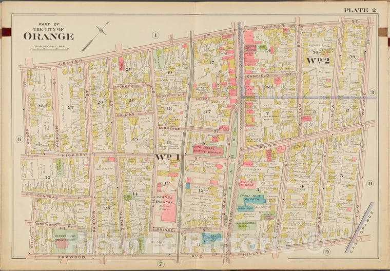 Historic Map - 1904 Essex County, New Jersey (N.J.), Orange. No. 2 [Center St, N. Center St, Wallace St, Elm St, Hillyer St, Oakwood Ave, Wilson St, Taylor St.] - Vintage Wall Art
