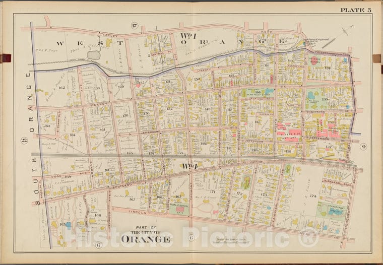 Historic Map - 1904 Essex County, New Jersey (N.J.), Part Of The City Of Orange. Plate No. 5 [Map Valley Rd, Freeman St, Highland Ave, Lincoln Ave, Randolph Pl.] - Vintage Wall Art