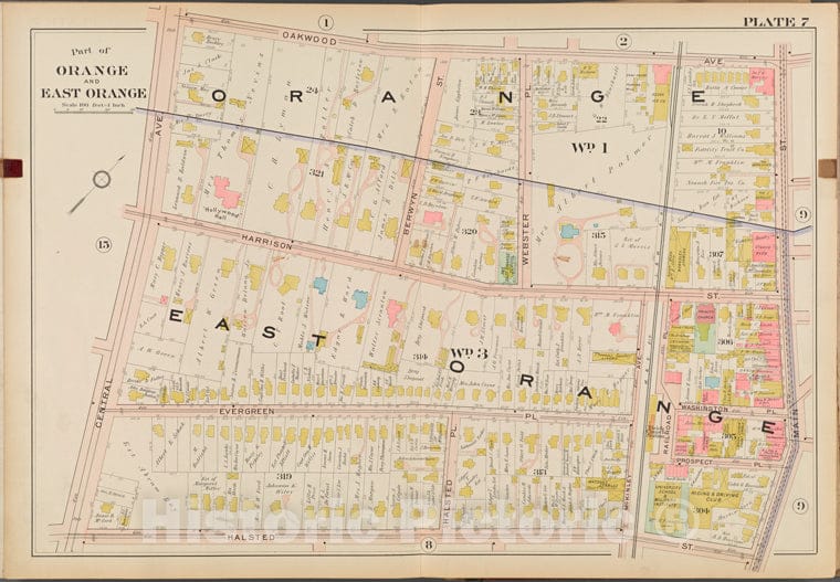 Historic Map - 1904 Essex County, New Jersey (N.J.), Part Of Orange And East Orange. Plate No. 7 [Oakwood Ave, Main St, Halsted St, Central Ave.] - Vintage Wall Art