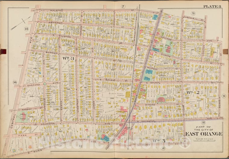 Historic Map - 1904 Essex County, New Jersey (N.J.), East Orange. Plate No. 8 Map Halsted St, Lincoln St, Summit St, N. Munn Ave, S. Munn Ave, Central Ave. - Vintage Wall Art