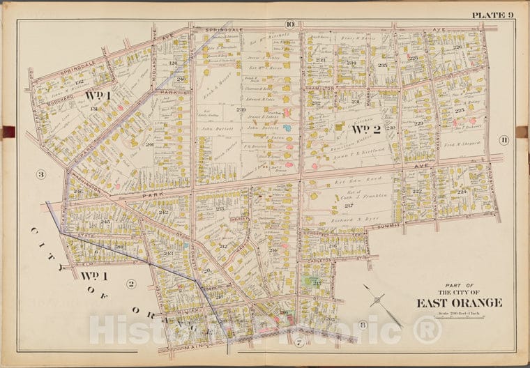 Historic Map - 1904 Essex County, New Jersey (N.J.), Part Of The City Of East Orange. Plate No. 9 [ Springdale Ave, Arlington Ave, Main St, Park St, N. Park St. - Vintage Wall Art
