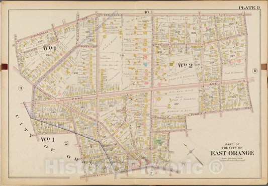 Historic Map - 1904 Essex County, New Jersey (N.J.), Part Of The City Of East Orange. Plate No. 9 [ Springdale Ave, Arlington Ave, Main St, Park St, N. Park St. - Vintage Wall Art