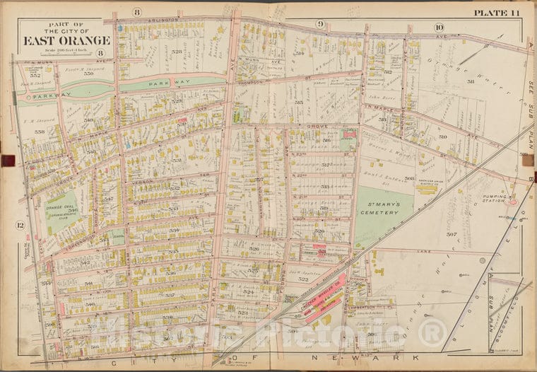 Historic Map - 1904 Essex County, New Jersey (N.J.), Part Of The City Of East Orange. Plate No. 11 [Arlington Ave, N. 13Th St, N. 14Th St, Eaton Pl.] - Vintage Wall Art
