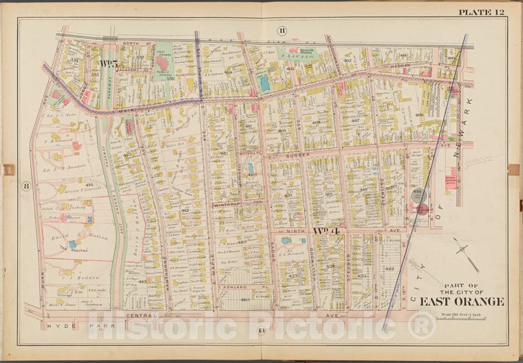 Historic Map - 1904 Essex County, New Jersey (N.J.), Part Of The City Of East Orange. Plate No. 12 [North St, S. 14Th St, Central Ave, Munn Ave.] - Vintage Wall Art