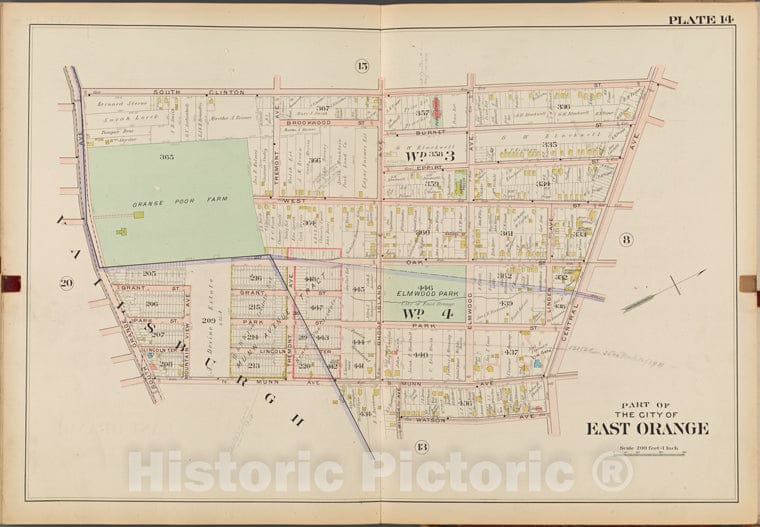 Historic Map - 1904 Essex County, New Jersey (N.J.), East Orange. Plate No. 14 [Map S. Clinton St, Central Ave, Watson Ave, Munn Ave, S. Orange Ave.] - Vintage Wall Art