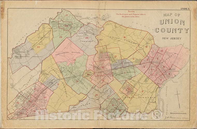 Historic 1906 Map - Map Of Union County, N.J. - Union County (N.J.Atlas Of Union County, New Jersey, 1906 - Vintage Wall Art
