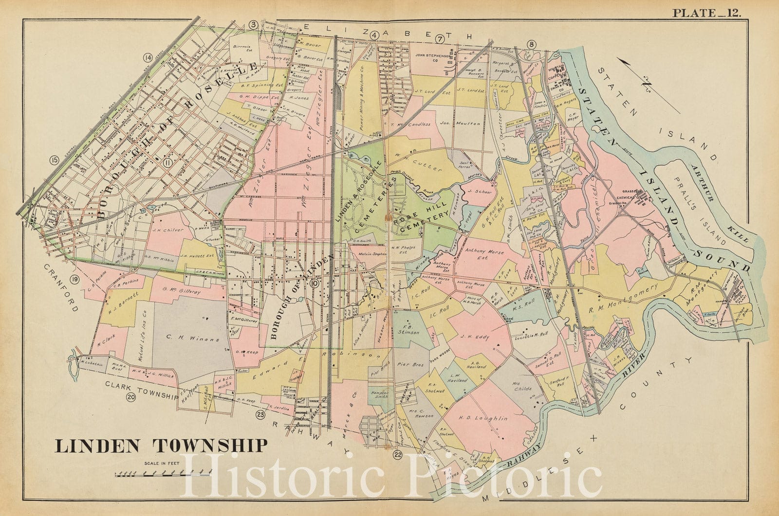 Historic Map - 1906 Union County, New Jersey (N.J.), 1906 Double Page Plate No. 12 [Map Of Linden Township] - Vintage Wall Art
