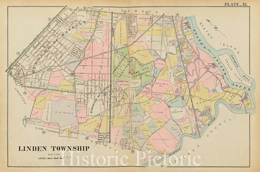 Historic Map - 1906 Union County, New Jersey (N.J.), 1906 Double Page Plate No. 12 [Map Of Linden Township] - Vintage Wall Art