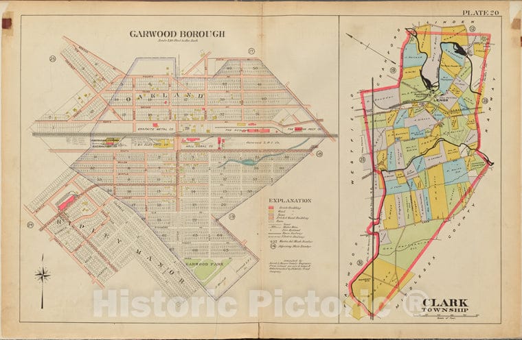 Historic Map - 1906, Union County, New Jersey (N.J.), 1906 Plate No. 20 [ Of Clark Township, Included 5Th Ave, Lexington Ave, Central Ave, Myrtle St, Benson St. - Vintage Wall Art