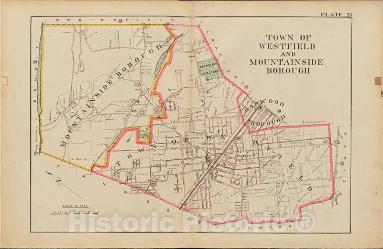 Historic Map - 1906 Union County, New Jersey (N.J.), 1906 Double Page Plate No. 25 [Map Of Town Of Westfield And Mountain Side Borough] - Vintage Wall Art