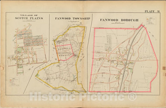 Historic Map - 1906 Union County, New Jersey (N.J.), 1906 Double Page Plate No. 31 Map Of Village Of Scotch Plains, Map Of Fanwood Township, Map Of Fanwood Borough - Vintage Wall Art