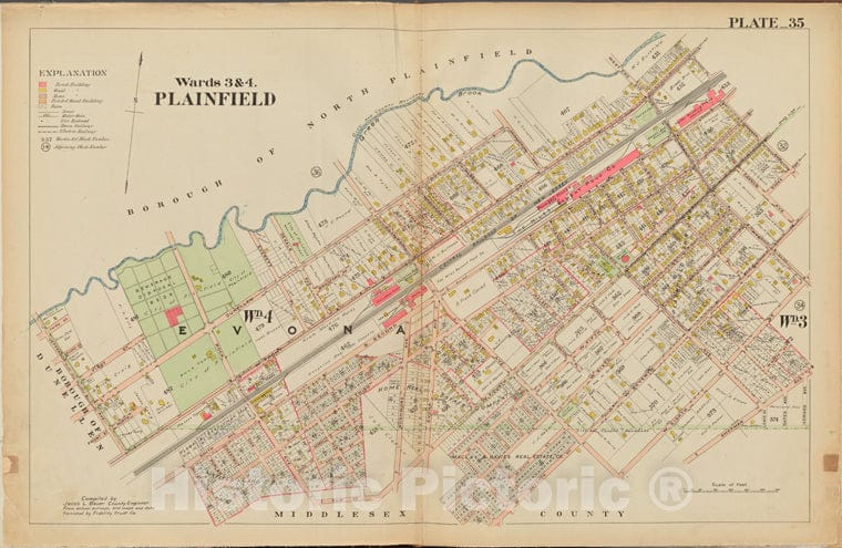Historic Map - 1906 Union County, New Jersey (N.J.), 1906 Double Page Plate No. 35 [Green Brook, Sherman Ave, W. 7Th St, Elk St, Jefferson Ave.] - Vintage Wall Art