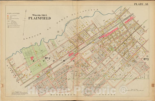 Historic Map - 1906 Union County, New Jersey (N.J.), 1906 Double Page Plate No. 35 [Green Brook, Sherman Ave, W. 7Th St, Elk St, Jefferson Ave.] - Vintage Wall Art