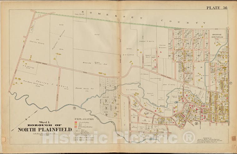 Historic Map - 1906 Union County, New Jersey (N.J.), 1906 Double Page Plate No. 36 [Prospect Ave, Somerset St, Park Pl, Green Brook] - Vintage Wall Art