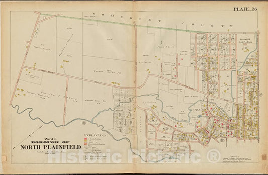 Historic Map - 1906 Union County, New Jersey (N.J.), 1906 Double Page Plate No. 36 [Prospect Ave, Somerset St, Park Pl, Green Brook] - Vintage Wall Art