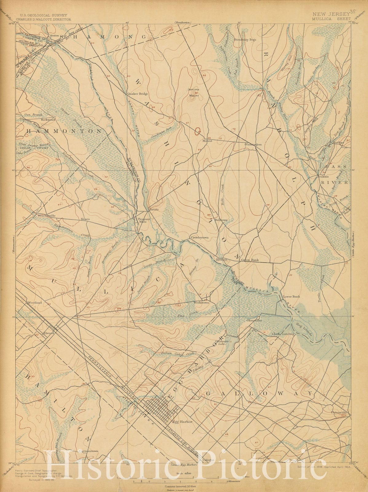Historic 1899-1926. Map - Mullica, Survey Of 1885-86, Ed. Of 1898, Repr. 1903. - Topographical Maps Of New Jersey - Vintage Wall Art