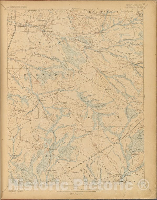 Historic 1899-1926. Map - Pemberton, Survey Of 1885, Ed. Of 1898, Repr. 1903. - Topographical Maps Of New Jersey - Vintage Wall Art